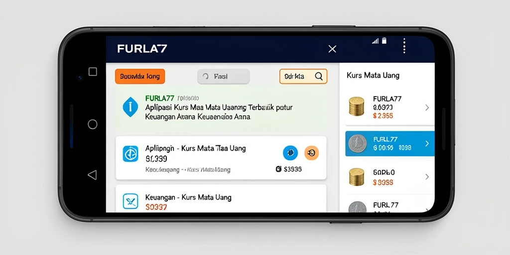 Antarmuka aplikasi FURLA77 dengan berbagai fitur Kurs Mata Uang.